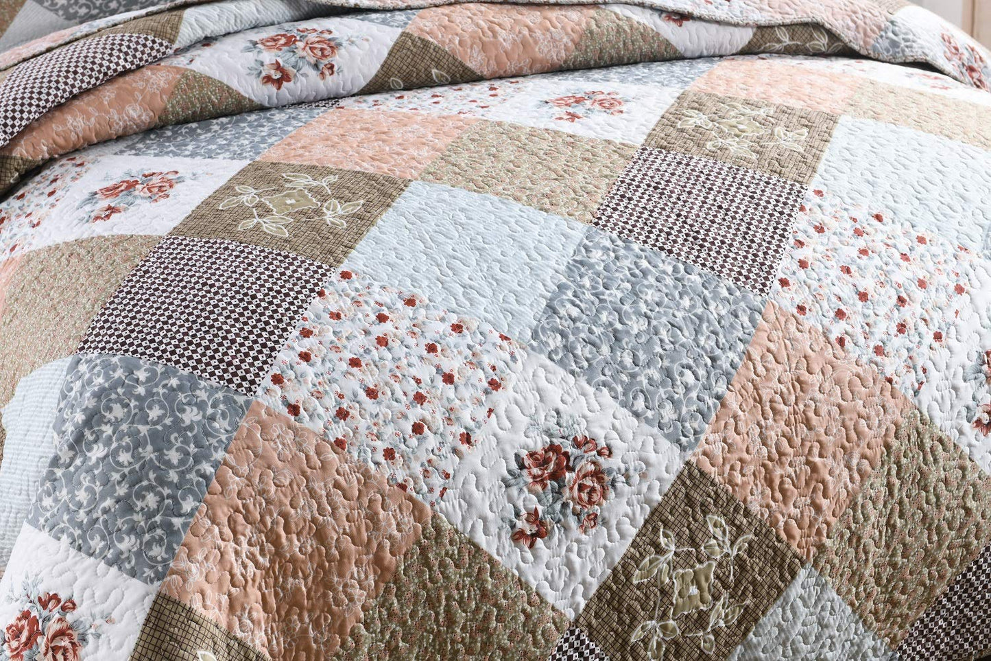 Travan 3-Piece King Quilt Set Quilted Bedspread Lightweight Reversible Coverlet Set Floral Printed Quilted Bedding Set with Shams for All Season, Brown Floral, King Size