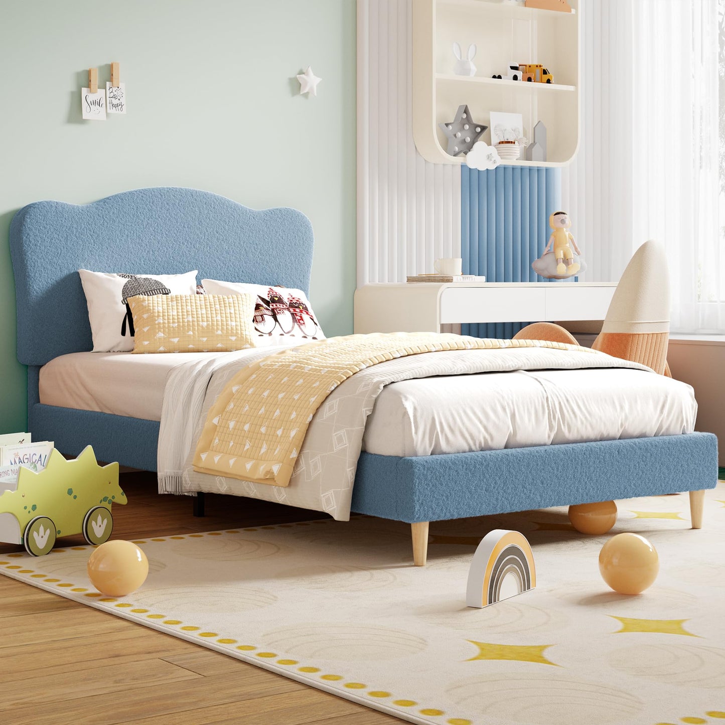 GarveeHome Upholstered Full Size Bed Frame for Kids with Scallop Headboard, Cute Velvet Full Bed for Girls, Boys, Sturdy Platform Bed, No Box Spring Needed, Wooden Slats, Noise Free, Blue