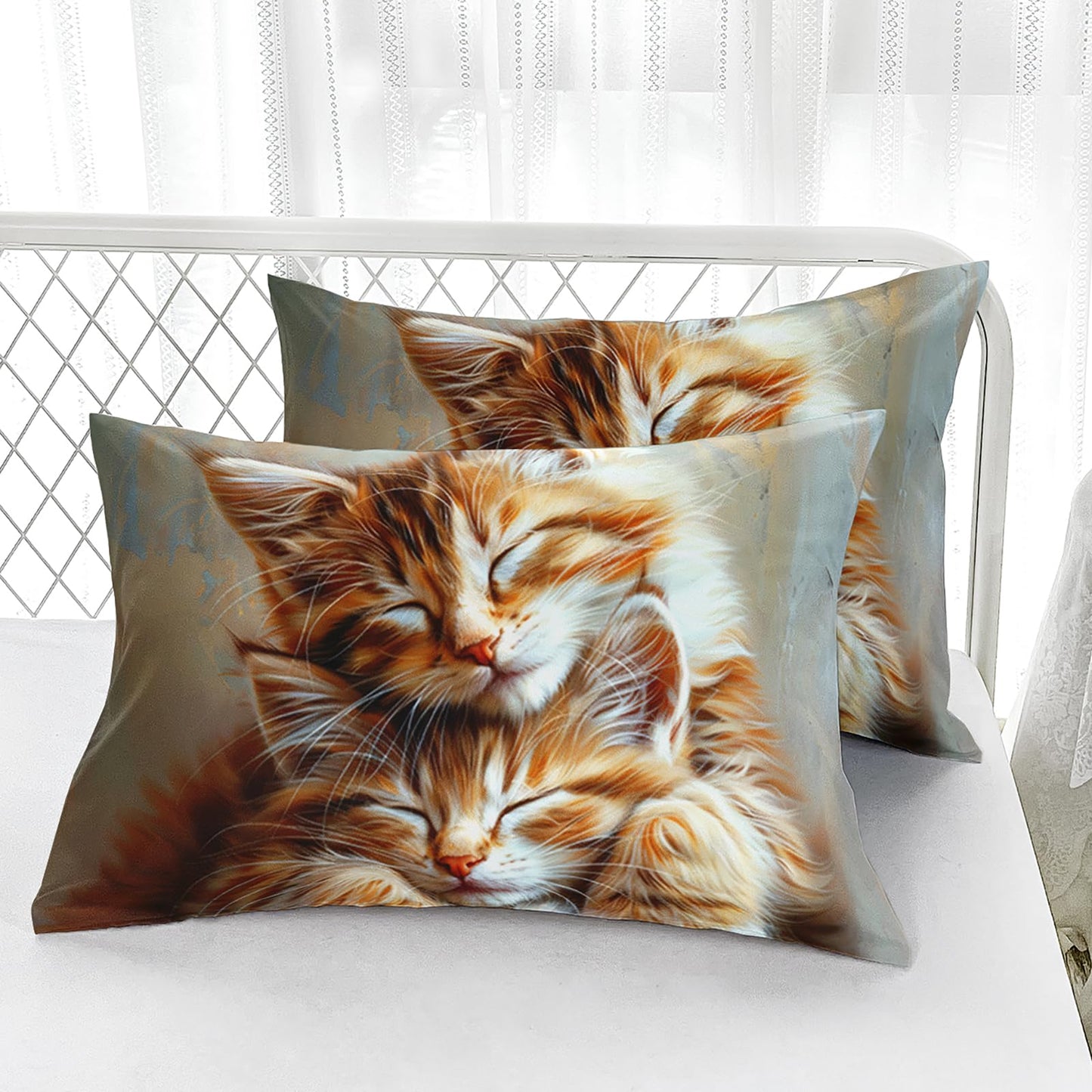 AILONEN Kawaii Cat Fitted Sheet Set Twin,Cute Orange Kitten Bedding for Kids Boys Girls,3 Piece Artistic Oil Painting Bedroom Decor with 2 Pillowcases,16" Deep Pocket