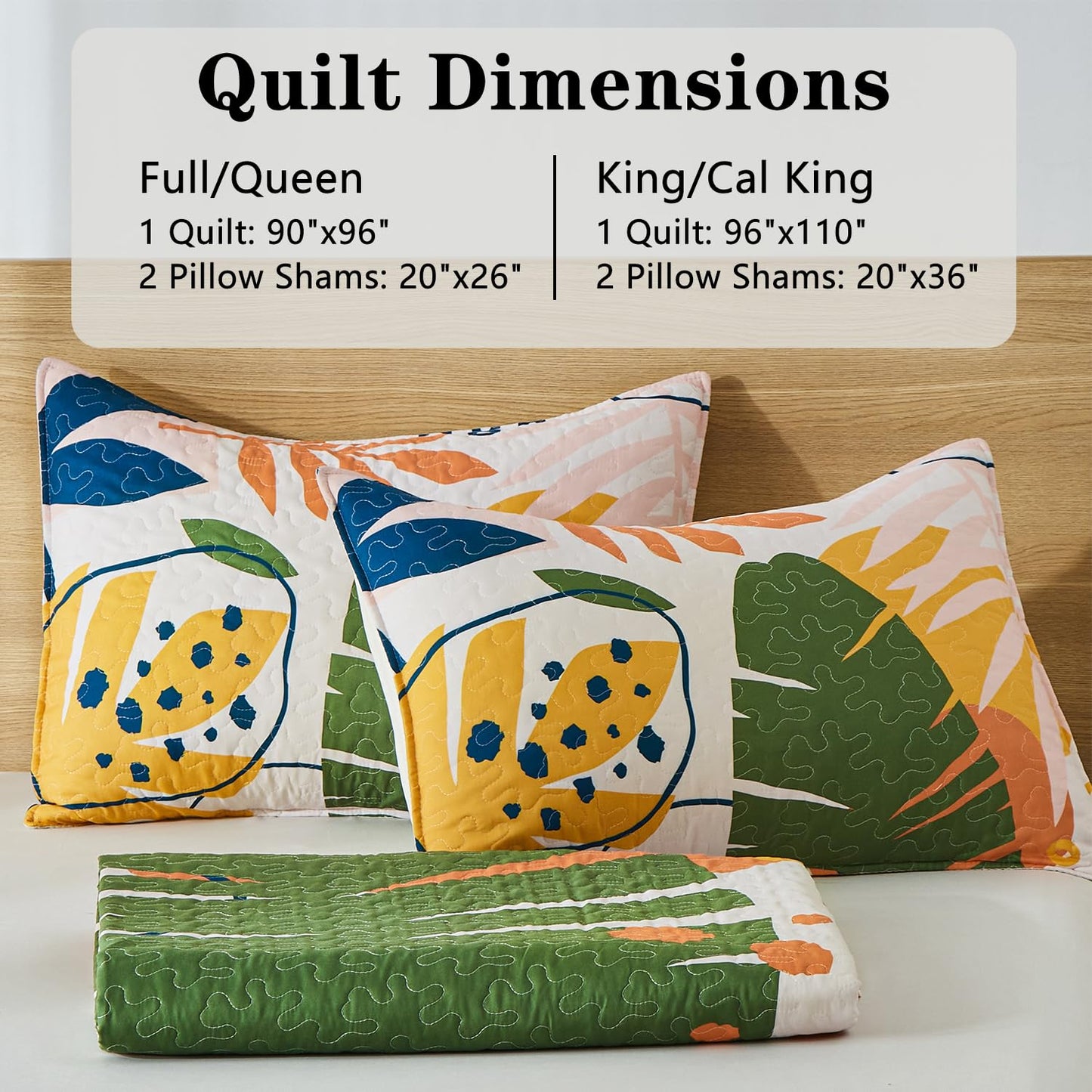 Yogeneg King Quilt Bedding Set,Green Yellow Botanical Pattern White King/Cal King Quilt Set,3 Piece Lightweight Soft Summer Bedspread Coverlet with 2 PIillow Shams,All Season(White,110"x96")