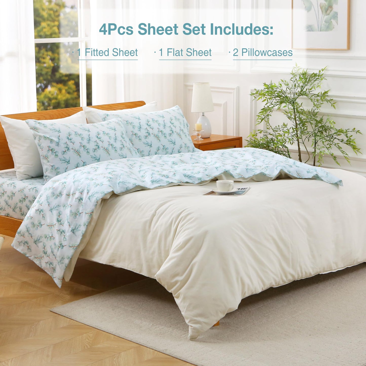 Viviland Queen Bed Sheet Set - 4 Piece Double Brushed Microfiber Bedding - Deep Pocket Up to 15", Ultra Soft, Breathable & Wrinkle Resistant Skin-Friendly Cooling Sheets for Adult - Eucalyptus Dew(Q)