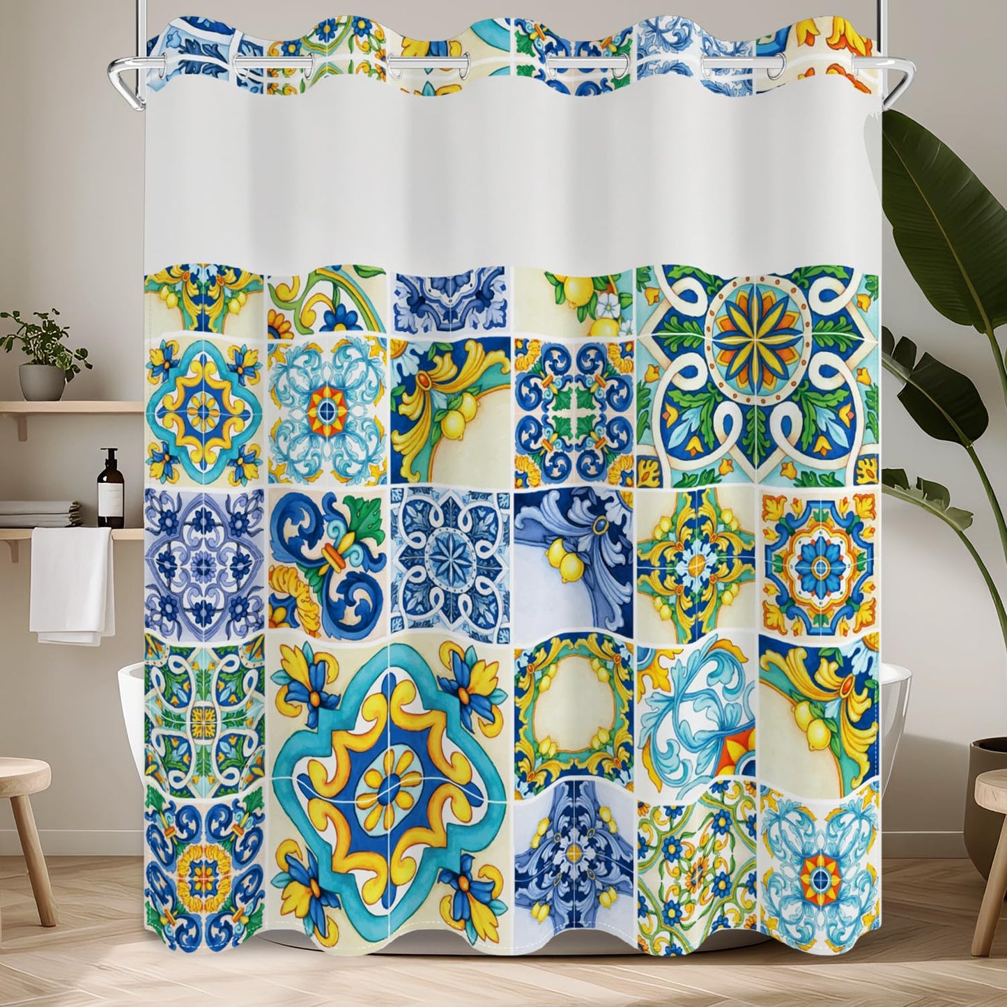 No Hook Shower Curtain with Snap in Fabric Liner Set, Waterproof & Washable, Boho Mediterranean Blue Yellow Lemon Floral Shower Curtains for Bathroom, Colorful Bathroom Curtain, House Gift, 71x74 inch