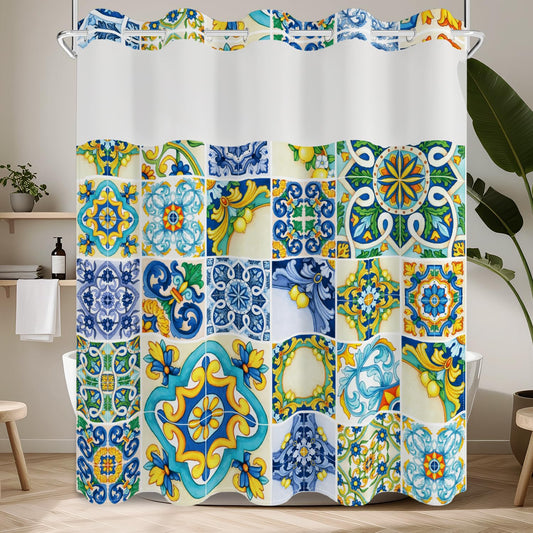 No Hook Shower Curtain with Snap in Fabric Liner Set, Waterproof & Washable, Boho Mediterranean Blue Yellow Lemon Floral Shower Curtains for Bathroom, Colorful Bathroom Curtain, House Gift, 71x74 inch