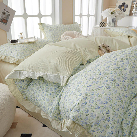 Green Floral Ruffle Comforter Set Queen Girls Cute Blue Flowers Comforter Fluffy Soft Cottagecore Bedding Set Vintage Botanical Comforter with 2 Pillowcases Romantic Lace Boho Bed Comforter Set