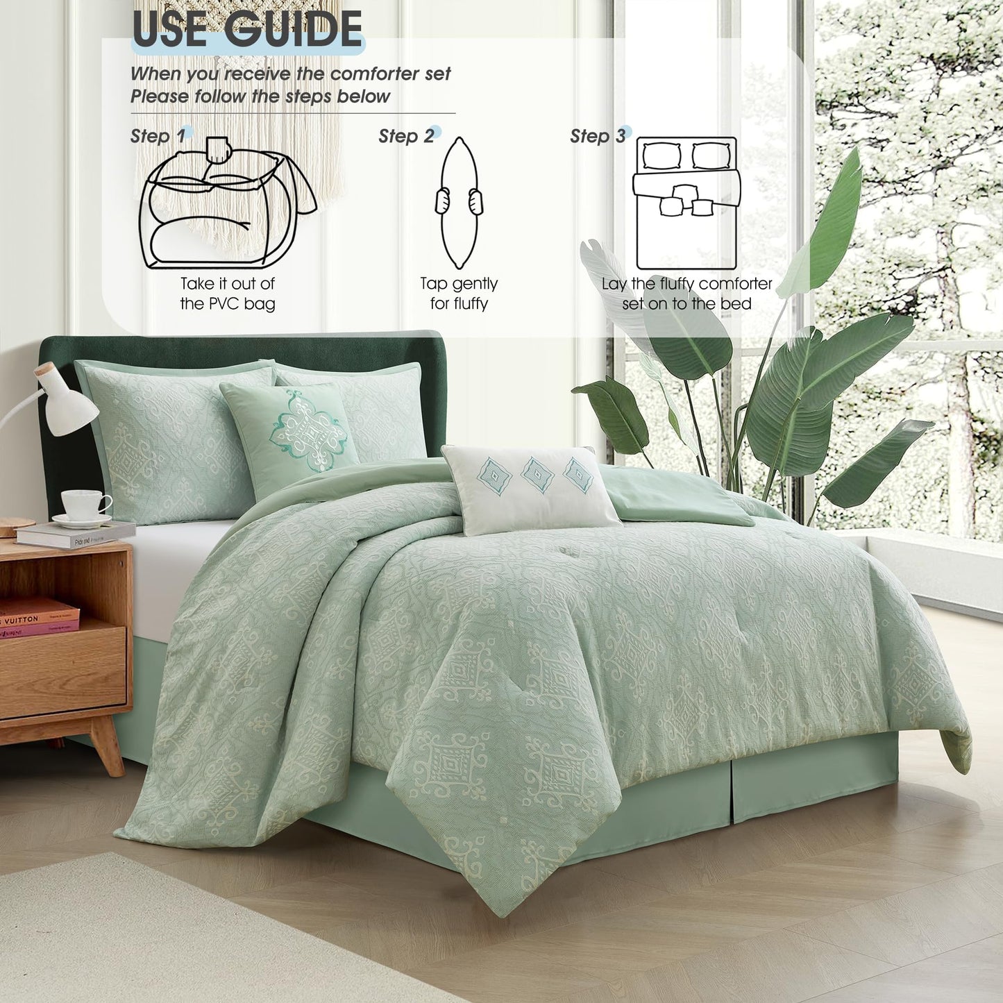 LANCO MODERN LIFESTYLE Sage Queen Comforter Set, Cotton Fabric, Luxury and Comfortable for All Seasons, 6 Pieces Bedding Set with Pillow Shams, Decorative Pillows and Bedskirt