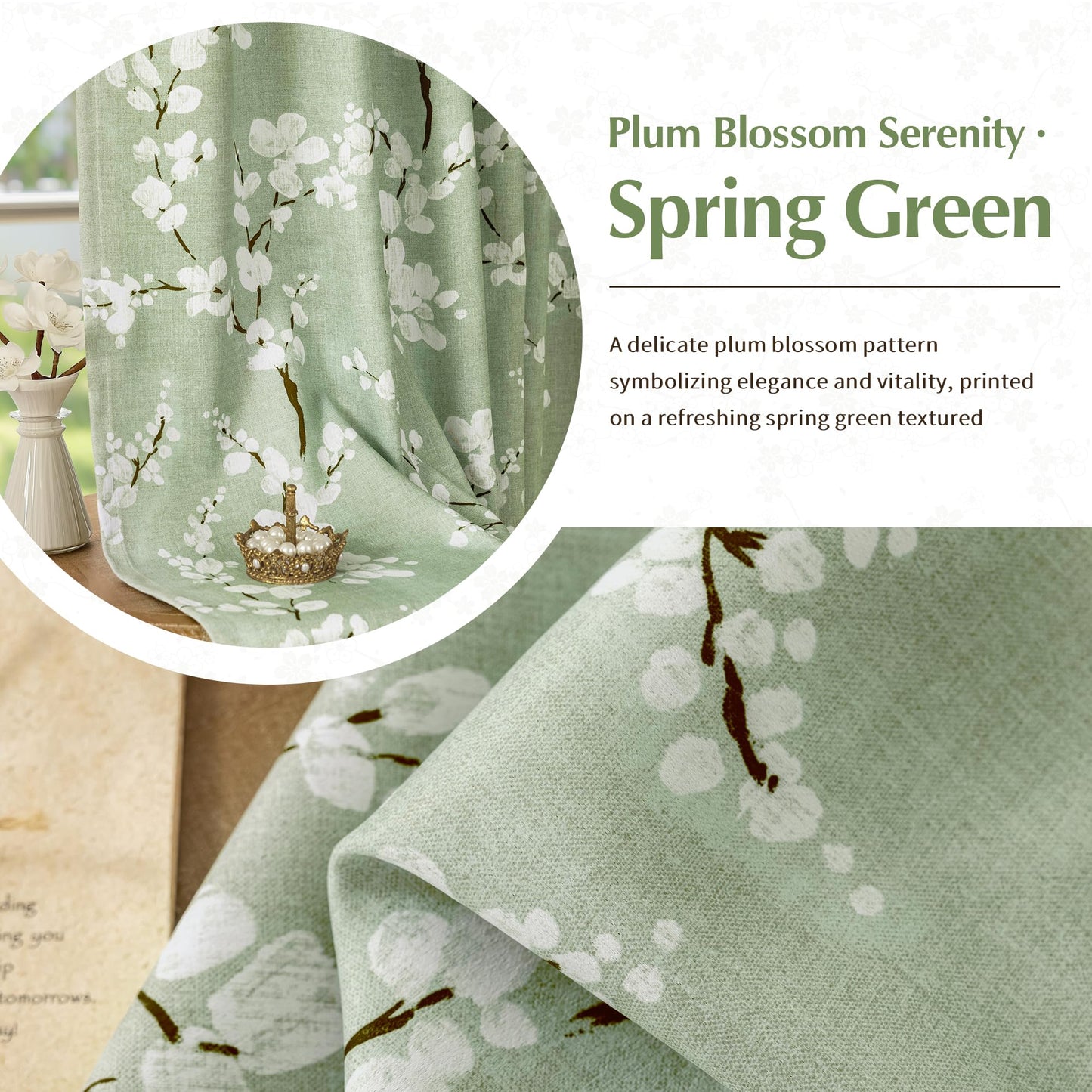 FMFUNCTEX 100% Blackout Floral Curtains for Bedroom, Sage Green Curtains 63 inch Length Blossom Patterned for Living Room, Thermal Insulated Farmhouse Drapes, Grommet Top 2 Panels (White on Green)