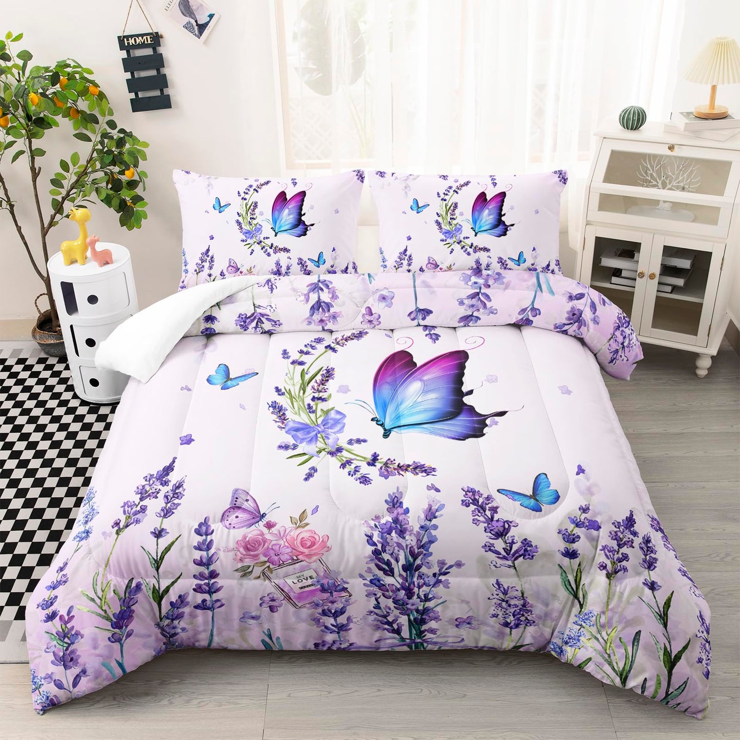 AILONEN Purple Butterfly Comforter Set Twin- Lavender Flower Butterfly Bedding Set for Kids Girls Women,3-Piece Bedroom Soft Microfiber Beautiful Comforter & 2 Pillowcases