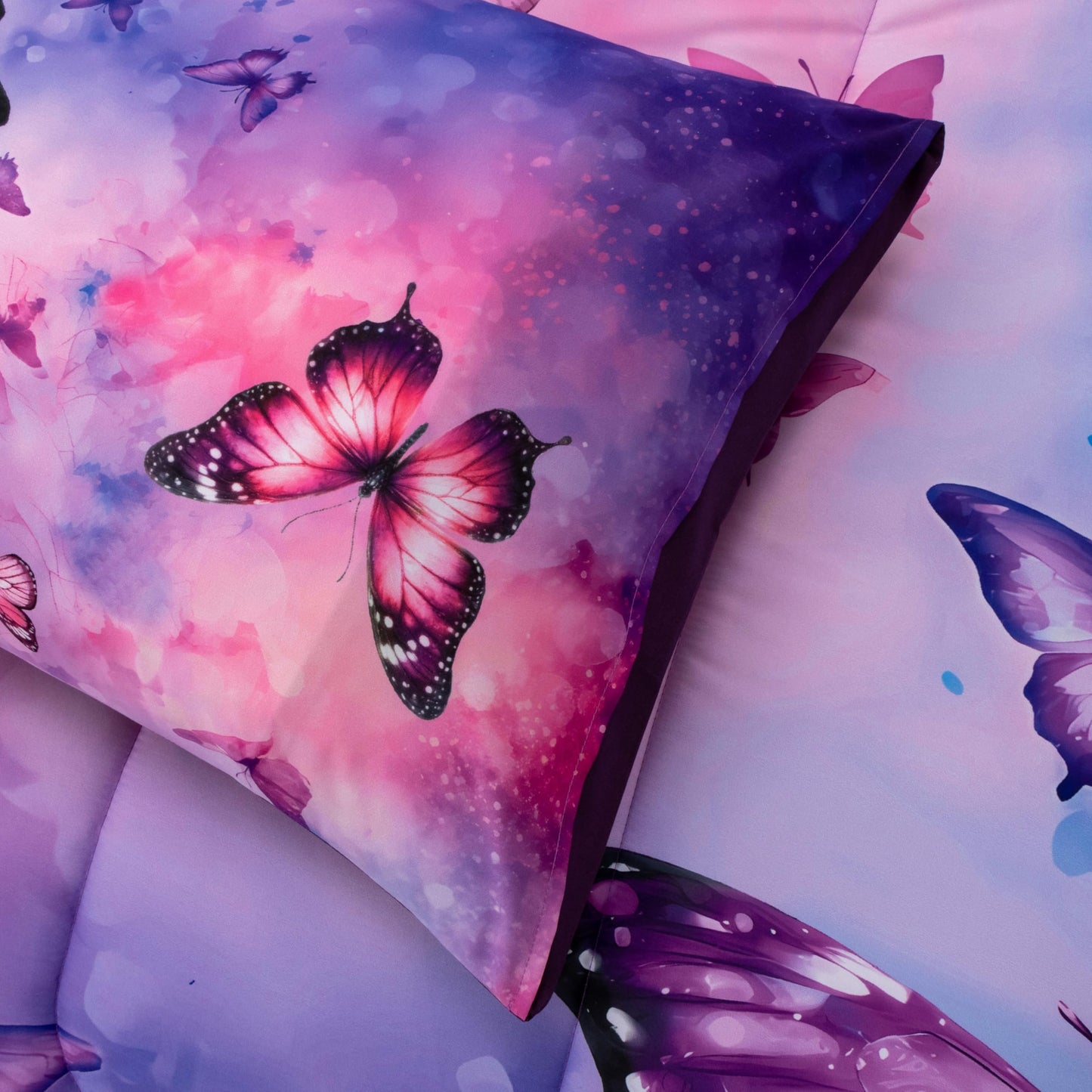 Btargot 3 Piece Butterfly Pattern Girls Comforter Set, Colorful Ink Stick Printing Bedding Set for Women, Pink Purple Full