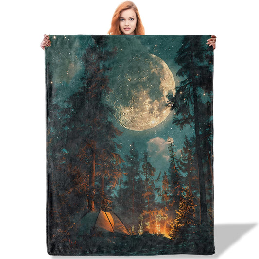 Plistiz Camping Throw Blanket 50x60, Moonlit Night Design Blankets for Living Room Decor, Cozy Warm Flannel Outdoor Adventure Gifts for Adults and Kids