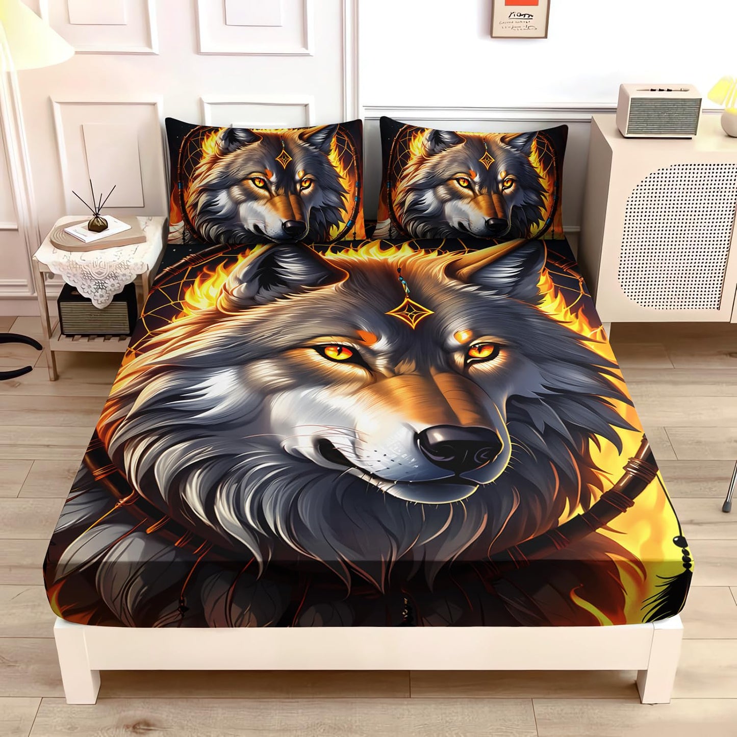 UEVBF Wolf Fitted Sheet Set Twin Size,Dreamcatcher Flame Printed Bedding Set for Kids Boys Room Decor,Boho Animal Themed Bedding Fitted Sheet Sets,1 Fitted Sheet+2 Pillowcases.