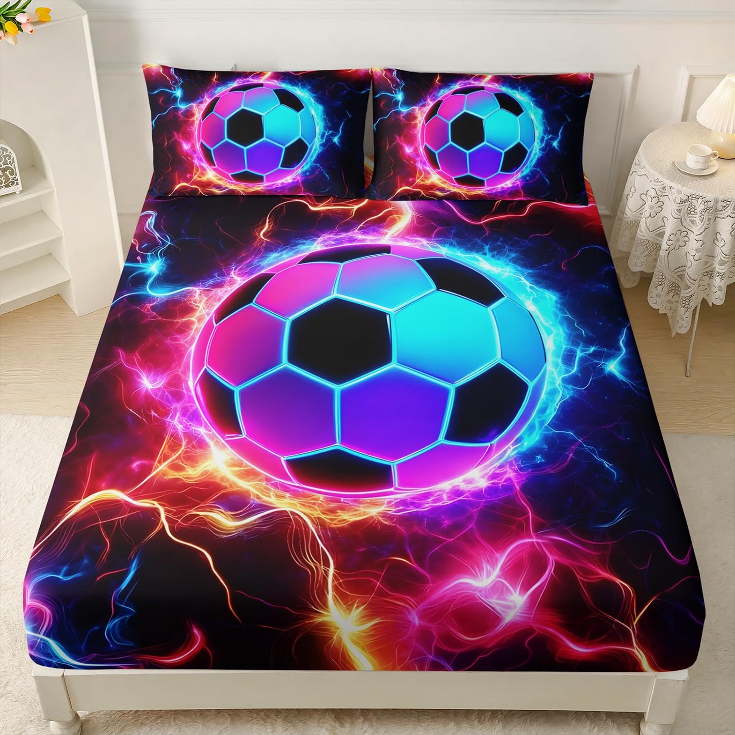HOSIMA Soccer Fitted Sheet Full for Kids,Football Wrapped in Lightning Print Sports Bedding for Boys Room Decor,Neon Lightning Pattern Soccer Bedding,1 Fitted Sheet+2 Pillowcases.