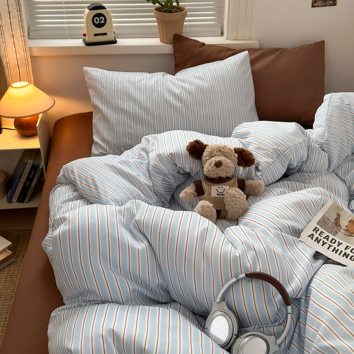 VM VOUGEMARKET Blue Brown Striped Duvet Cover Set Queen Size,Casual Stripe Bedding Set for Teens,Soft Microfiber Comforter Cover for Modern Bedroom,90"x90"