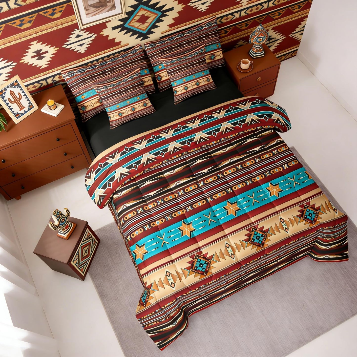 Bohemian Aztec Queen Comforter Set with Sheets Western 7 Piece Bedding Set Retro Southwestern Bed in a Bag, Arrow Western Star Geometric Sriped Bed Sets African Nordic Style Boho Decor,Warm Taupe