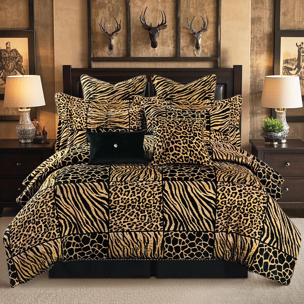 Loom and Mill 8-Piece Safari Comforter Set King Size, Leopard, Tiger, Giraffe, Zebra Animal Print Bedding Set, Patchwork Comforter with Bed Skirt, Euro Shams and Decorative Pillow(Black Gold, King)