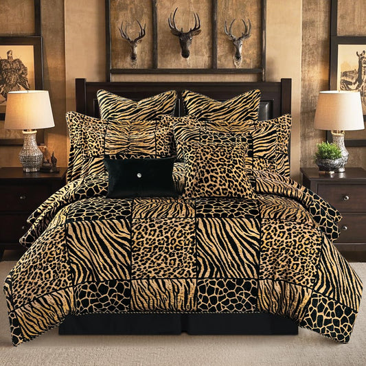 Loom and Mill 8-Piece Safari Comforter Set King Size, Leopard, Tiger, Giraffe, Zebra Animal Print Bedding Set, Patchwork Comforter with Bed Skirt, Euro Shams and Decorative Pillow(Black Gold, King)