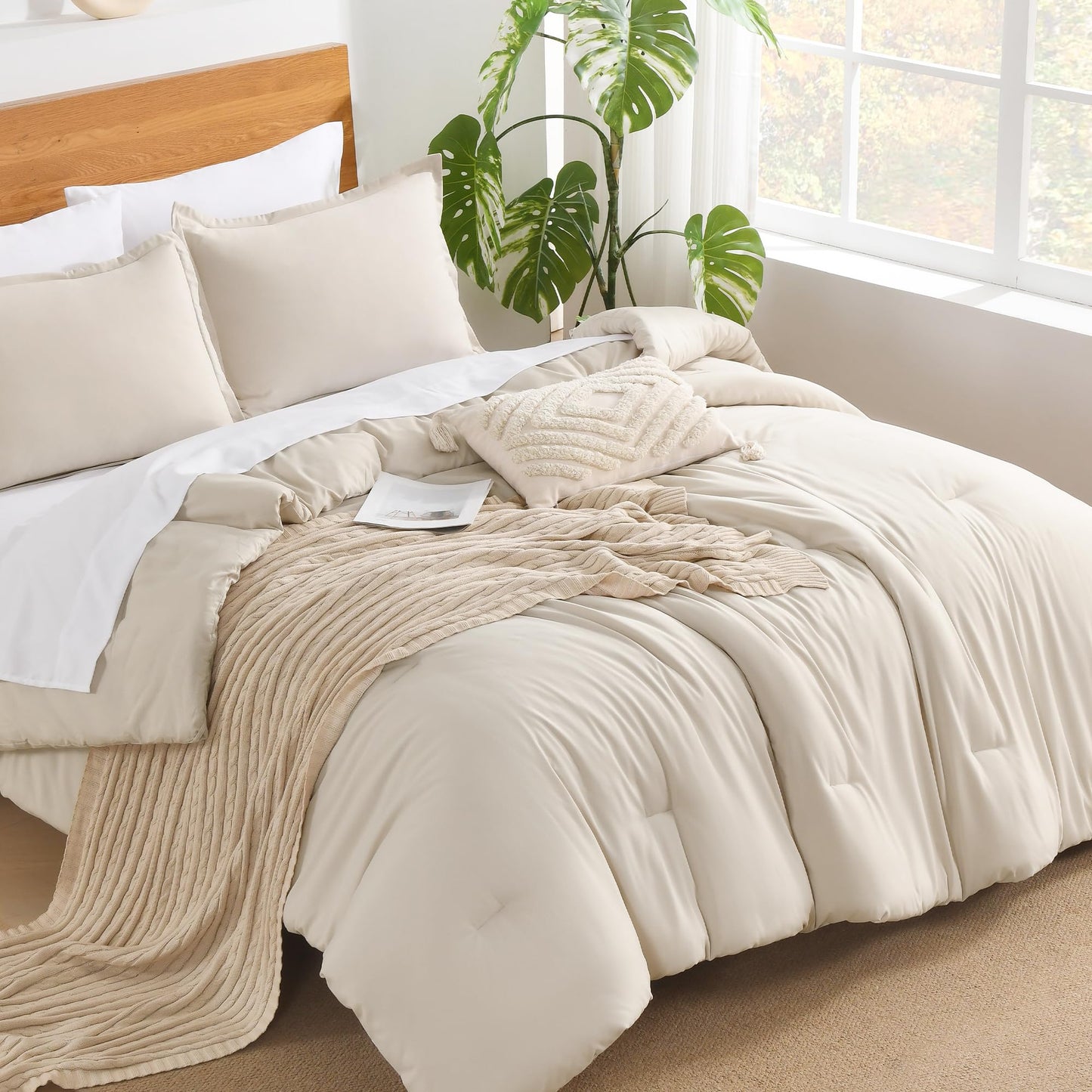 Andency Beige California King Comforter Set - 7 Pieces Cream Bed in a Bag Cal King Bedding Comforter Sets, Summer Solid Soft Lightweight Comforter with Fitted Sheets, Flat Sheets, Pillowcases & Shams