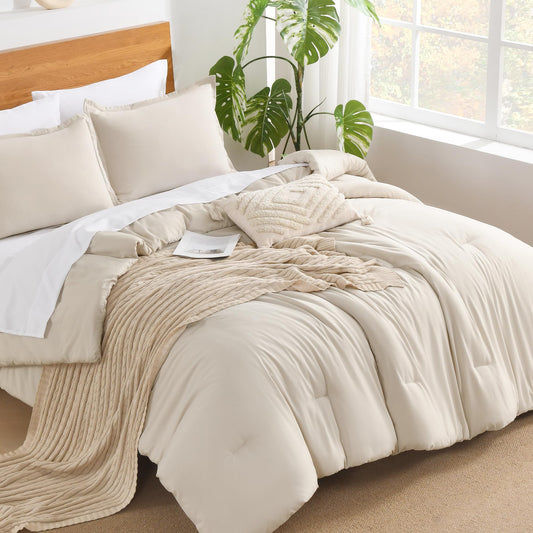 Andency Beige California King Comforter Set - 7 Pieces Cream Bed in a Bag Cal King Bedding Comforter Sets, Summer Solid Soft Lightweight Comforter with Fitted Sheets, Flat Sheets, Pillowcases & Shams