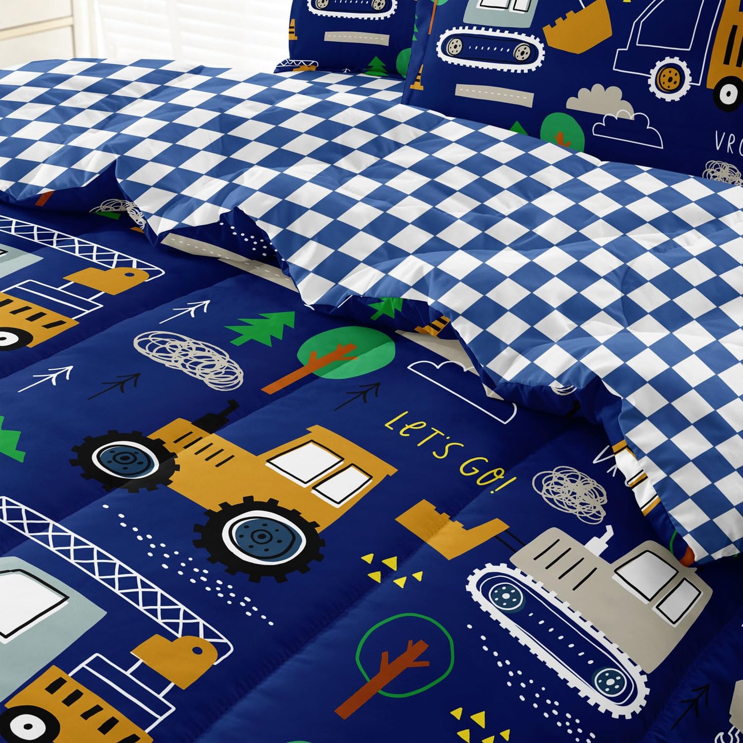 Leaflin Boys Bedding Set Twin Size, 5 Pcs Cartoon Truck Comforter, Blue