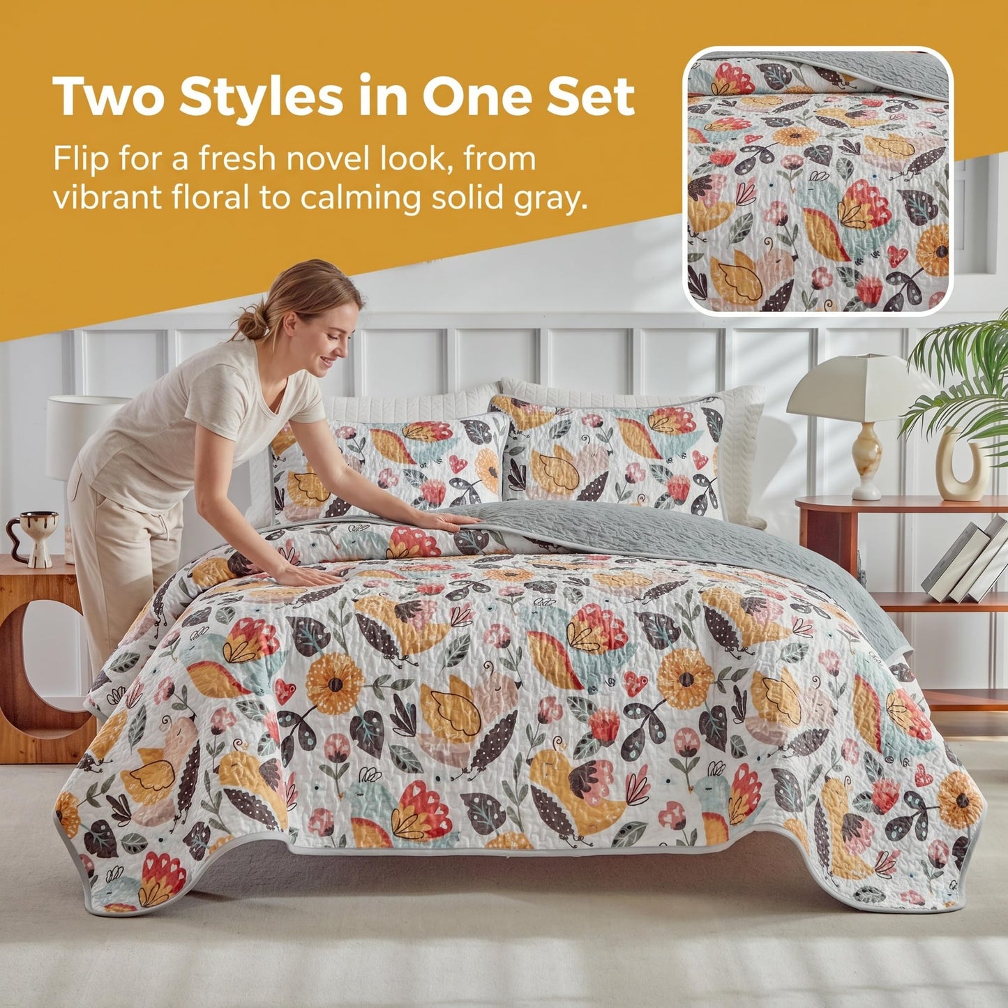 SANOCAY Boho Floral Quilt Set King Size, 3 Piece Lightweight Summer Bedding Set with 2 Pillow Shams, Soft Reversible Microfiber Bedspread, Farmhouse Coverlet for All Season (Bird, King)