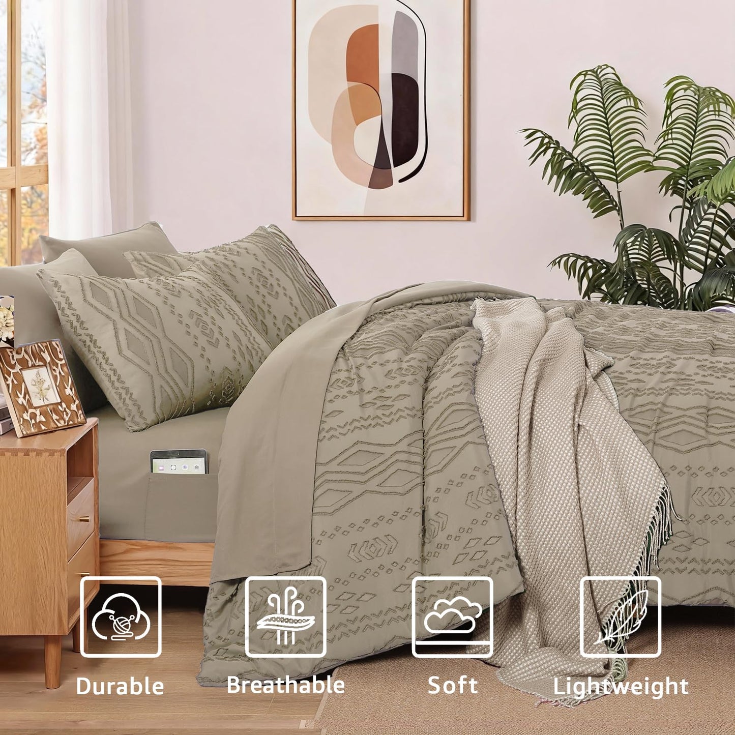 WRENSONGE Queen Comforter Set with Sheets - 7 Pieces Khaki Tufted Bed in a Bag Queen Shabby Chic Bedding Sets with 1 Comforter, 2 Sheets, 2 Pillowcases & 2 Shams