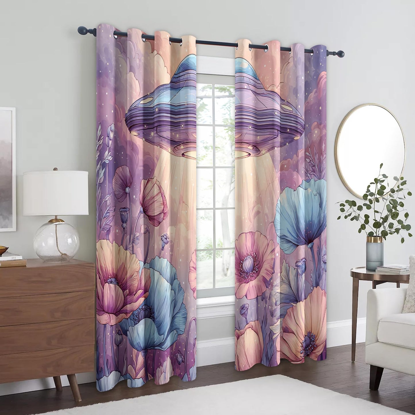 Spaceship UFO Curtains Blackout, 39 Inch - Sci Fi Floral Spacecraft Curtains for Home Decor, Kitchen, Bedroom, Spaceship UFO Room Decor Grommet Window Drapes, 2 Panels Set 27.5x39 U569