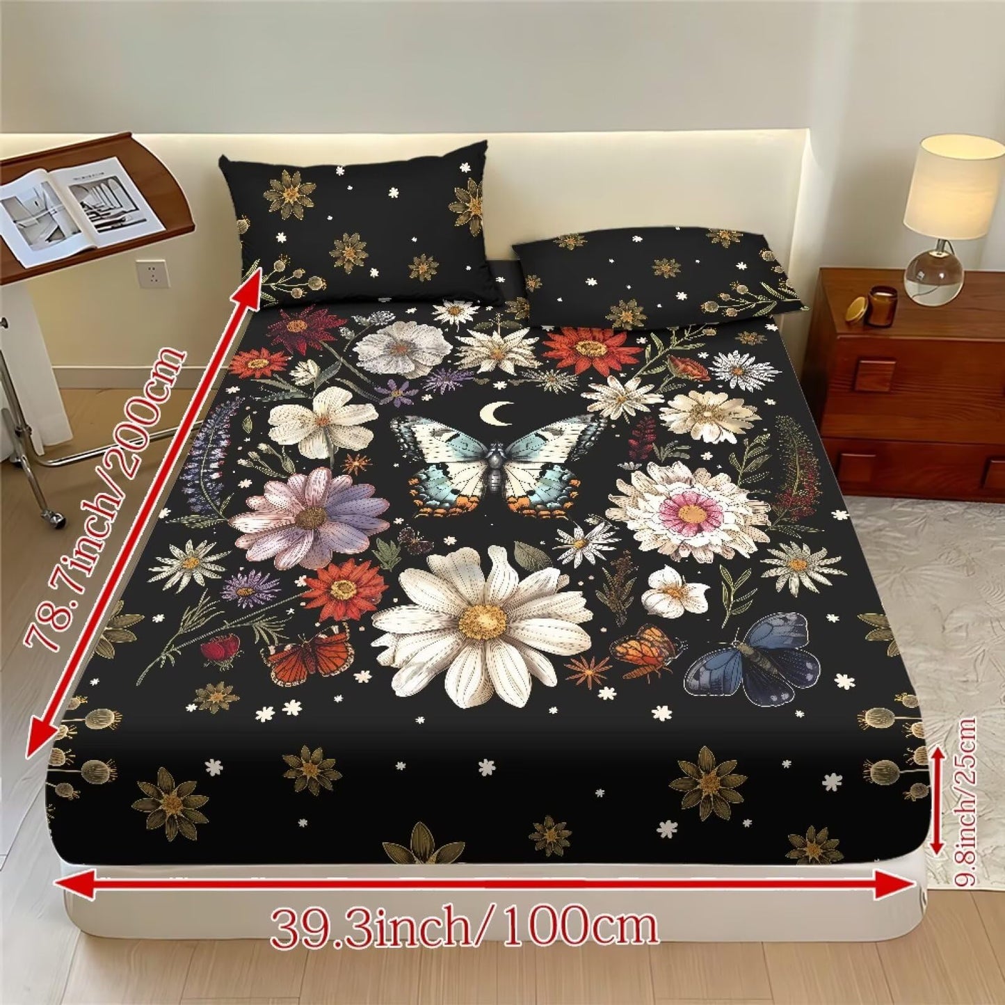 ZDCUSTOM Twin XL Size Floral Butterfly Sheets 3pcs Bedding Set for Girls Comfy & Wrinkle Free Fitted Sheet with 2 Pillowcases Black Bedsheet Easy Install Bedsheets, 39" x 79"