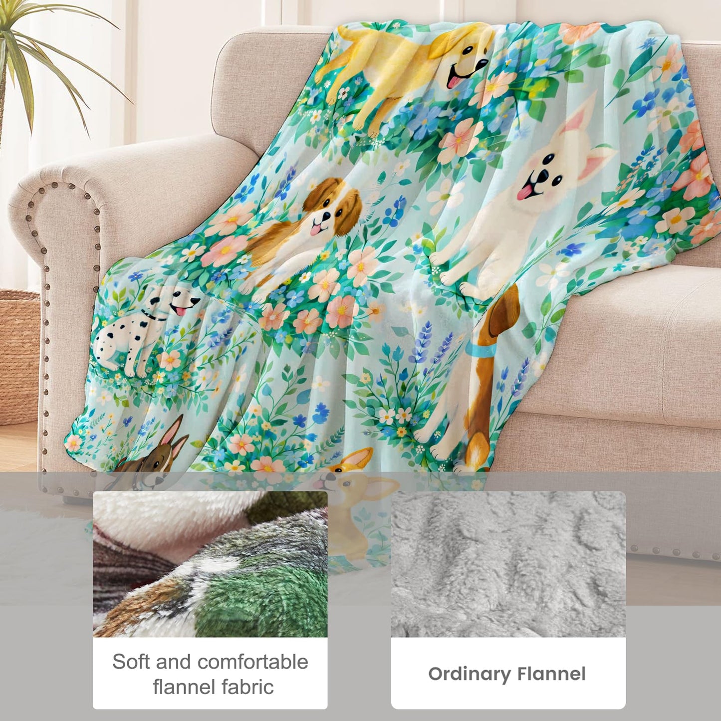 cromcu Dog Blanket for Dog Lovers and Kids Adults, Adorable Floral Puppy Flannel Blankets, Cute Pet Gifts, Blue Soft Warm Cozy Throws for Sofa Couch Bed Living Room Bedroom Home Decor 60" x 50"