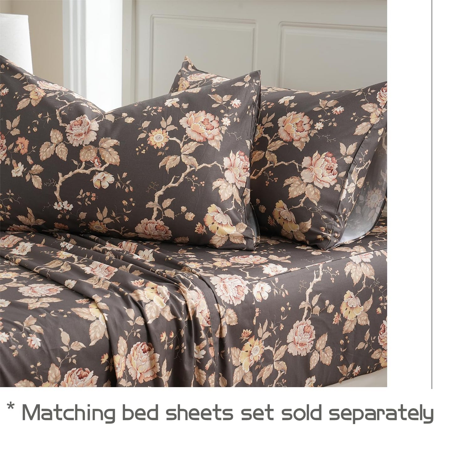 Zusbest Grey Brown Duvet Cover King 100% Cotton Shabby Vintage Floral Bedding Mocha Comforter Cover with Zipper, Soft Skin-Friendly Breathable, Peony Flower Print Bed Set, 3 Pcs
