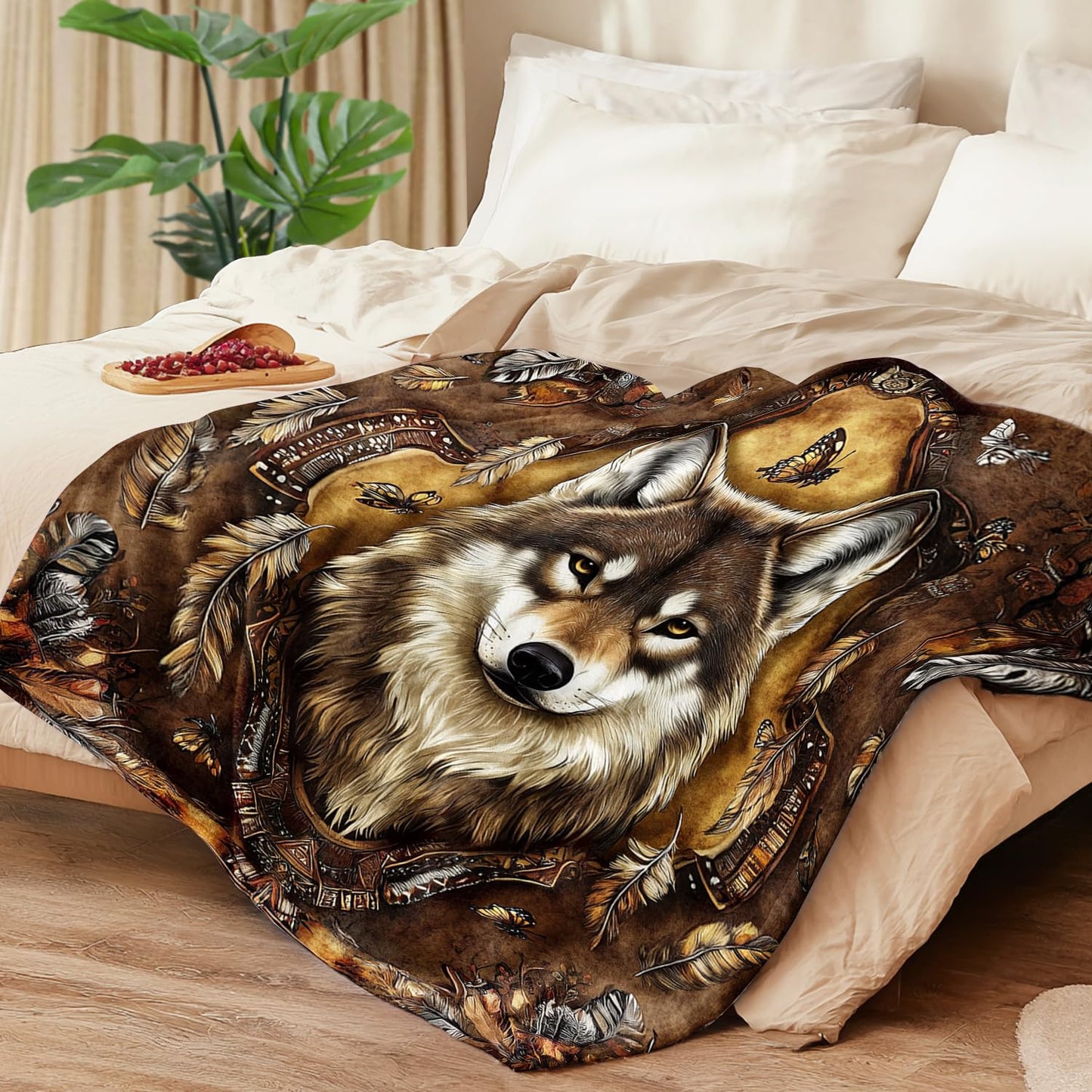 Indian Wolf Blanket Wolf Fleece Throw Blanket Super Soft Fuzzy Plush Cozy Warm Wolves Decor Stuffed Bedding Blankets Gift for Boys Girls Men Women Kids & Adult 50"x40"