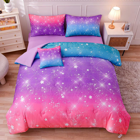 GRAT TIOC 6 Pieces Pink Purple Twin Comforter Set for Girls,Kids Glitter Galaxy Rainbow Bedding Sets Bed in A Bag (1 Comforter, 1 Flat Sheet,1 Fitted Sheet,2 Pillowcases and 1 Cushion Cover)