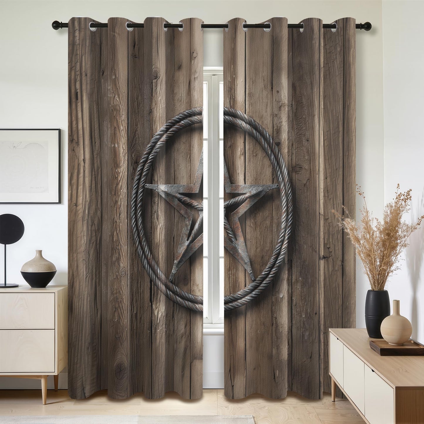 Solvivae Rustic Barn Door Curtains 54 Inch Length, Texas Star Blackout Curtains for Bedroom Living Room, Room Darkening Thermal Insulated Grommet Drapes, Western Window Curtain