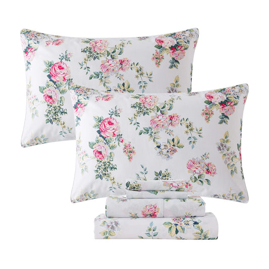 FADFAY Sheets Set King Pink Rose Floral Bed Sheet Set Vintage Farmhouse Bedding 100% Cotton Ultra Soft Breathable Bedding with Deep Pocket Fitted Sheet 4Pcs, King Size