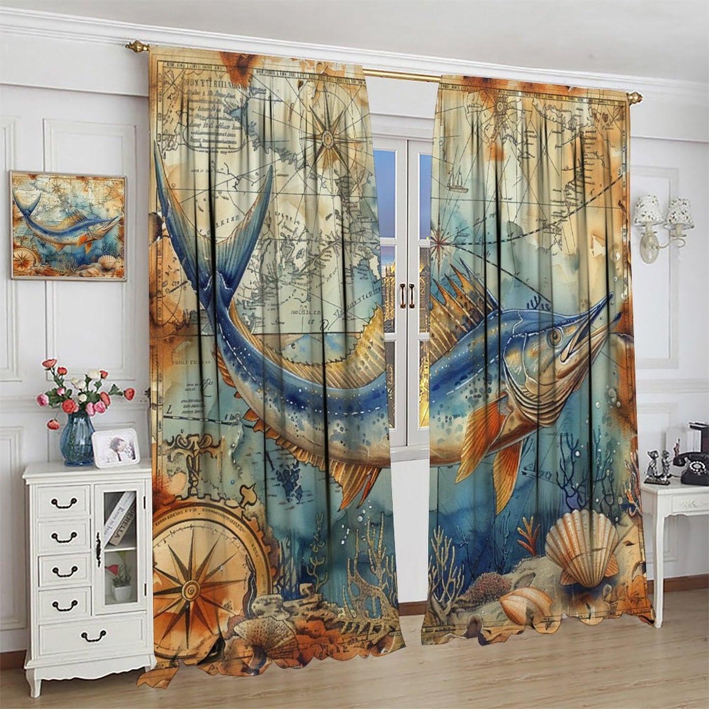 TOWINSFB Nautical Compass Marlin Fish Blackout Curtains, Old Medieval Ocean Map Coral Home Decor Rod Pocket Window Drapes for Living Room Bedroom - 2 Panels, Each 21" W x 63" L