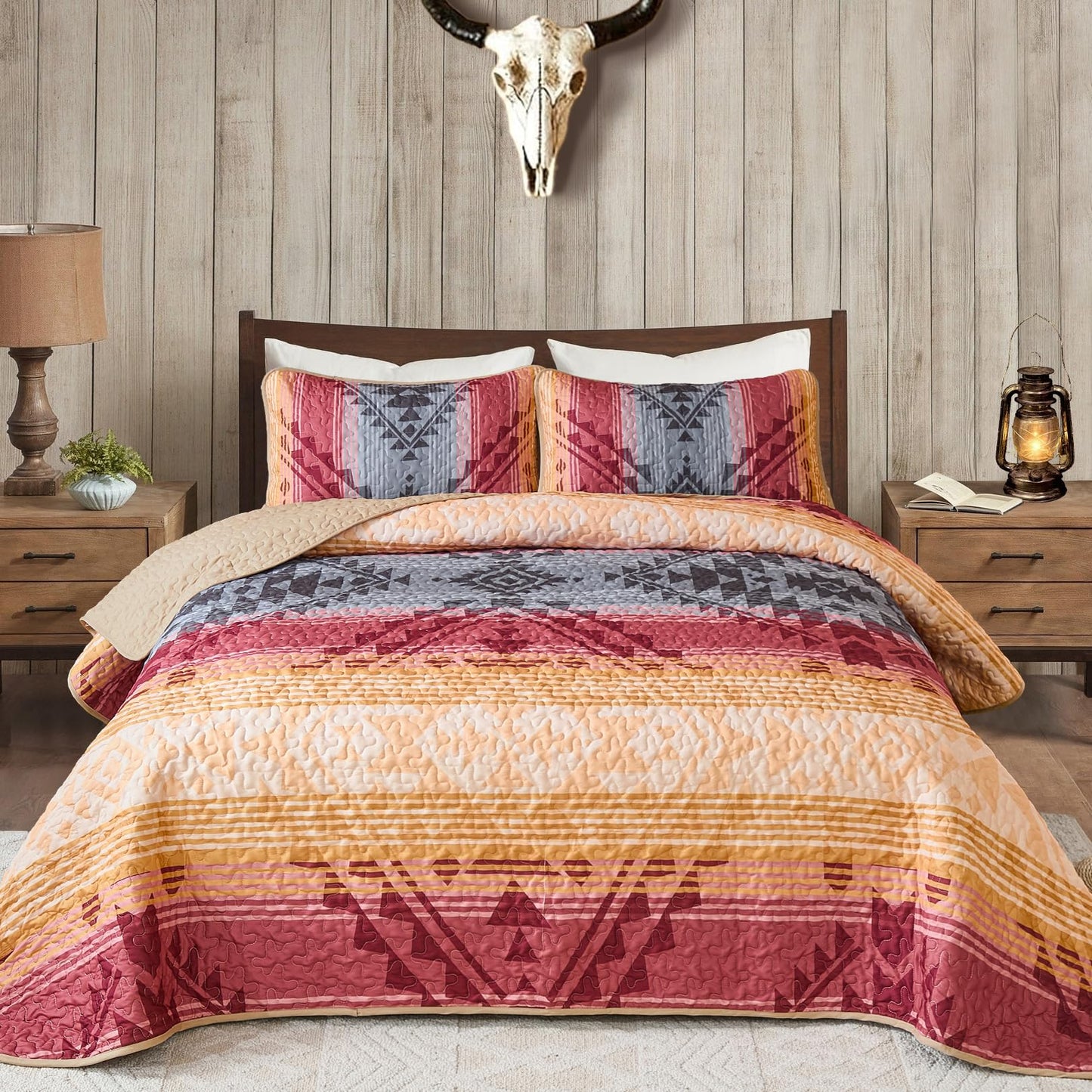 Dintszyayue Red Boho Quilt Set King,3 Pieces Aztec Texture Bedspread Western Quilt Set,Soft Reversible Lightweight Bohemian Coverlet Bedding Set for All Seasons(110"x90")