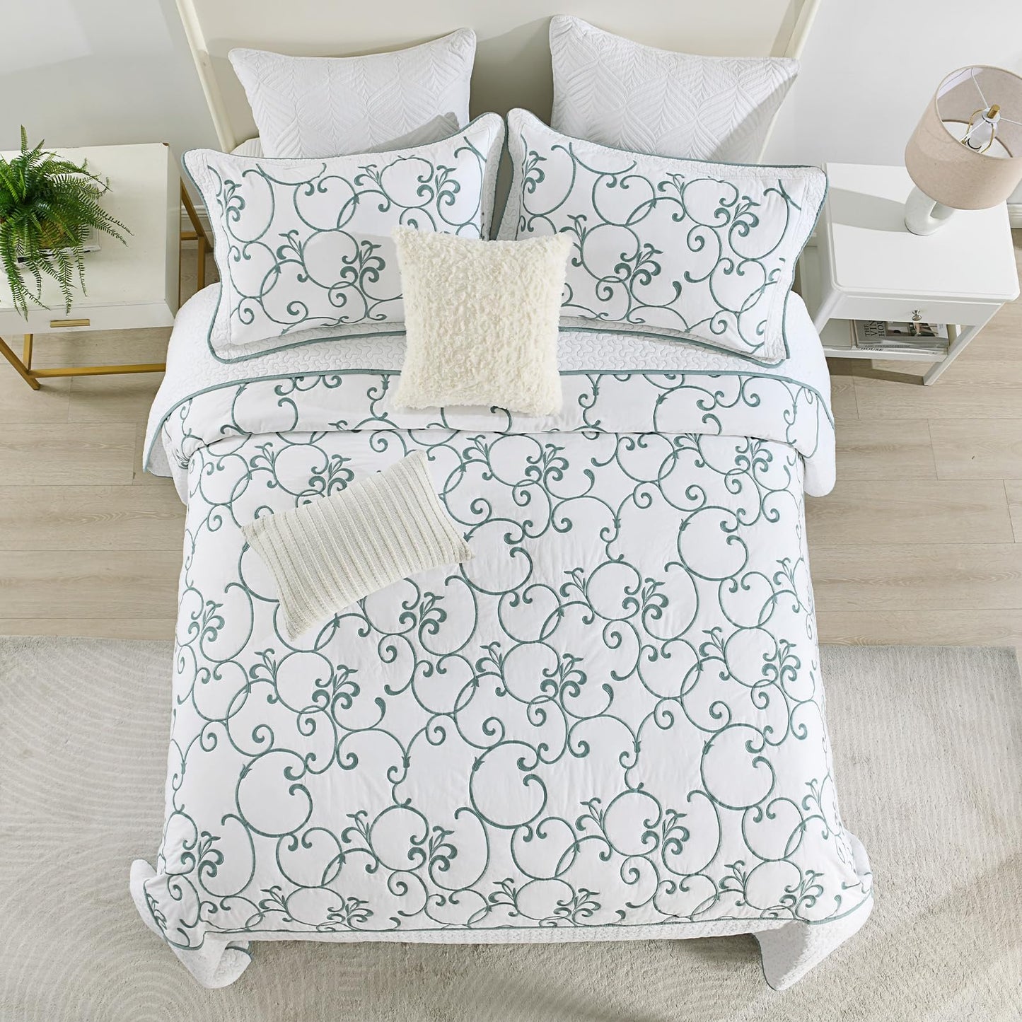 FineStichery Oversized King Bedspread 128"x120" - 100% Cotton California King Quilt, Embroidered Bedspread Coverlet with Pillow Shams, Lightweight Quilted Bedding Set 3 Piece, Aqua Blue/White
