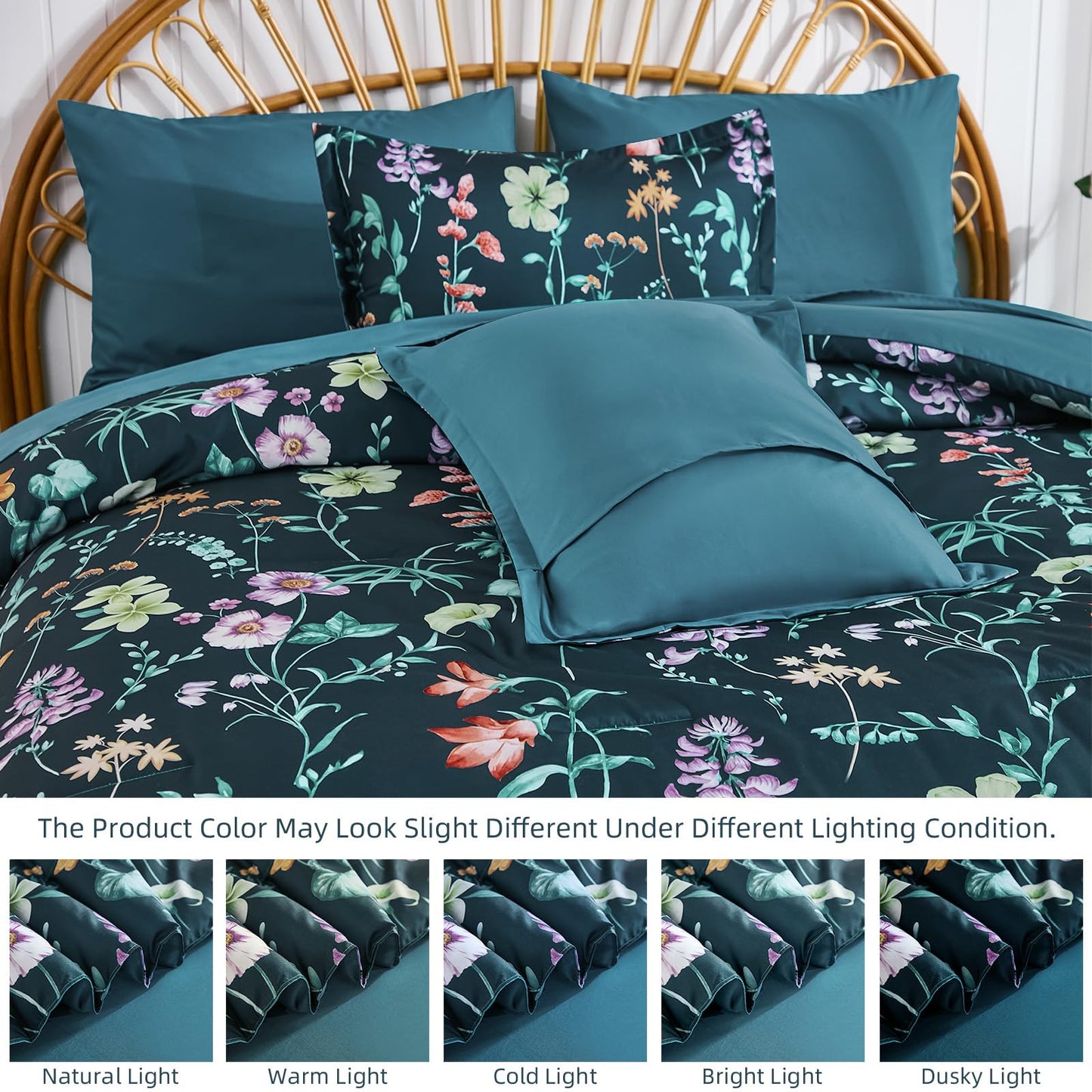DJY Floral Comforter Set King Size,Peacock Blue Botanical Bedding Comforter Sets,7 Pieces Bed in a Bag Lightweight Microfiber Comforter Set with Sheets Pillowcases & Shams for All Seasons