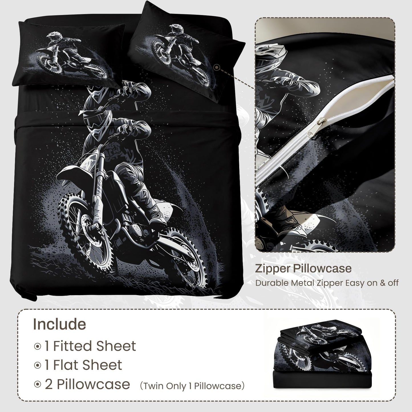 Motocross Queen Sheet Set Dirt Bike Flat Fitted Sheet Sets, Gray Black