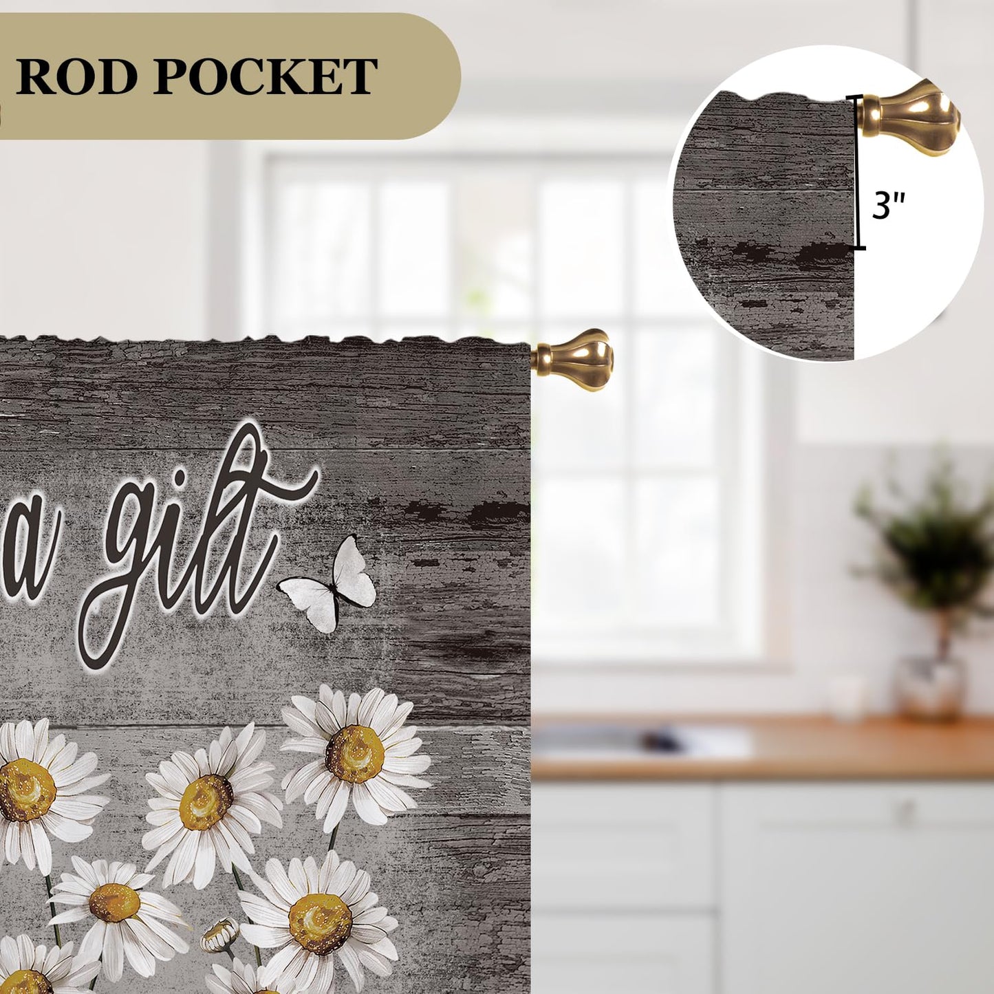 Cizuug Farmhouse Daisy Kitchen CurtainsRustic Vintage Flower Inspirational Small Short Cafe Window Curtains Wooden Country Quotes Bathroom Tier Window Treatment Drapes 2 Panels