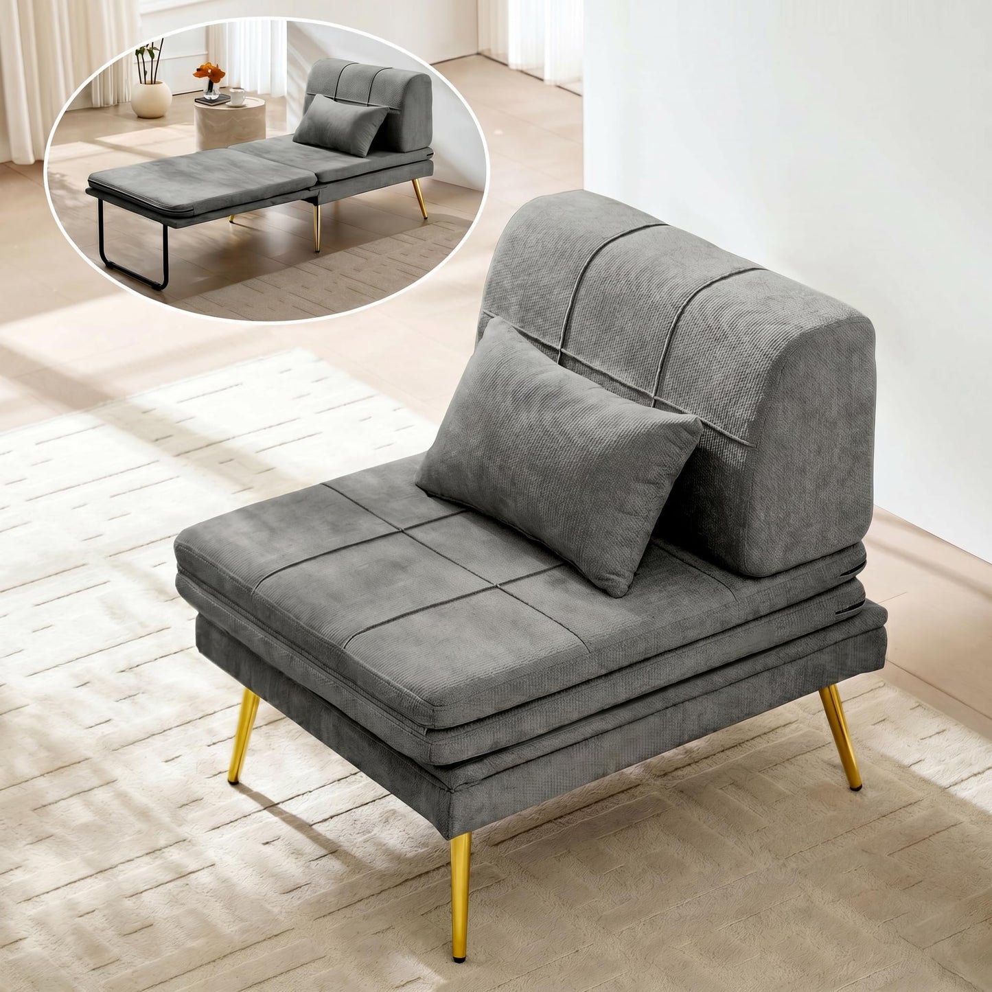 wanan Sleeper Chair, 3-in-1 Chair Bed Sleeper for Adults, Futon Sofa Bed with Back Support & Pillow, Solid Wood Frame & Sturdy Metal Legs for Living Room, Bedroom, Gray