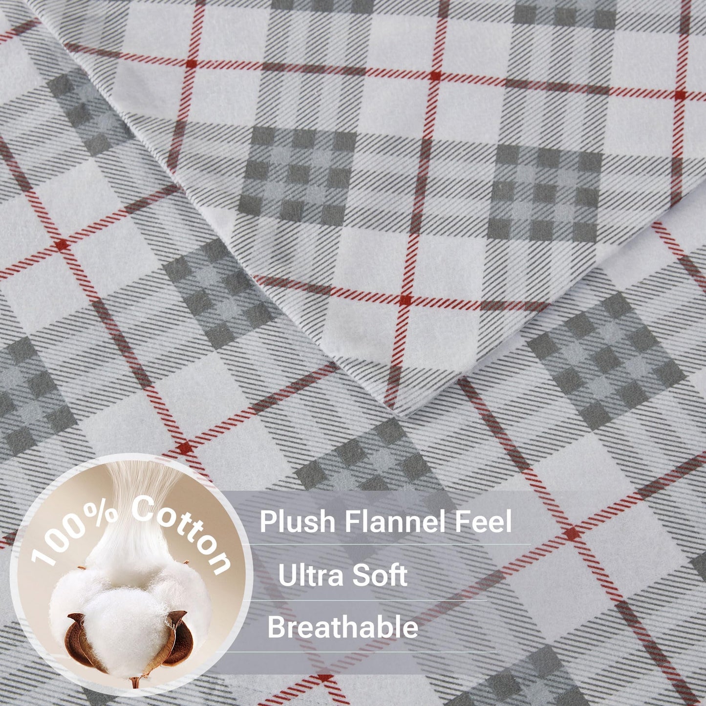 True North by Sleep Philosophy Cozy Flannel Warm 100% Cotton Sheet - Novelty Print Animals Stars Cute Ultra Soft Cold Weather Bedding Set, Queen, Red Plaid 4 Piece