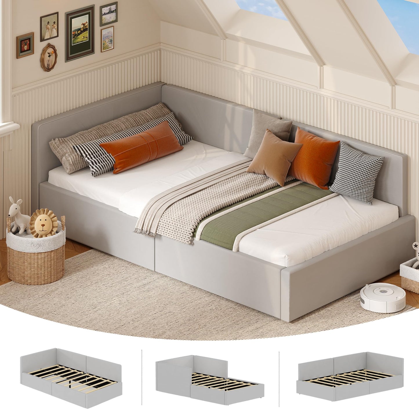 GarveeHome Twin Daybed with Bed Rails, Velvet Upholstered Corner Bed Frame with Headboard, Modern Kids Bed with Guardrail for Living Room, Bedroom, Easy Assembly, Light Grey