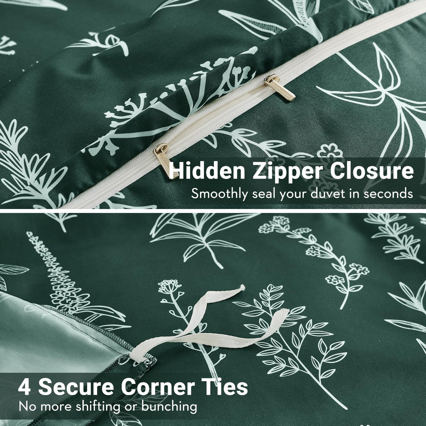 MUXHOMO Duvet Cover Queen Size, Reversible Floral Forest Green Duvet Cover Set with Zipper Closure, 3 Pieces Botanical Patterns Soft Microfiber Bedding Set with 4 Ties (90"x90", 2 Pillow Cases)