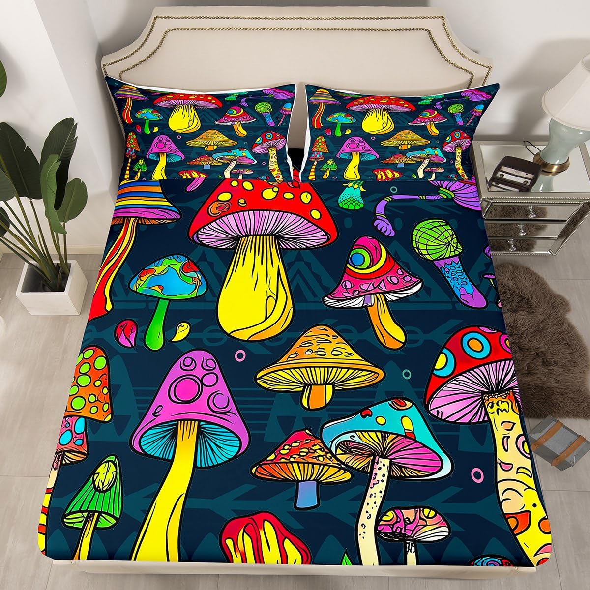 Feelyou Cute Mushrooms Fitted Sheet Botanical Bed Sheet Set Natural Wild Fungus Bedding Kids Queen Size Includes 1 Sheets & 2 Pillowcases (No Flat Sheet)