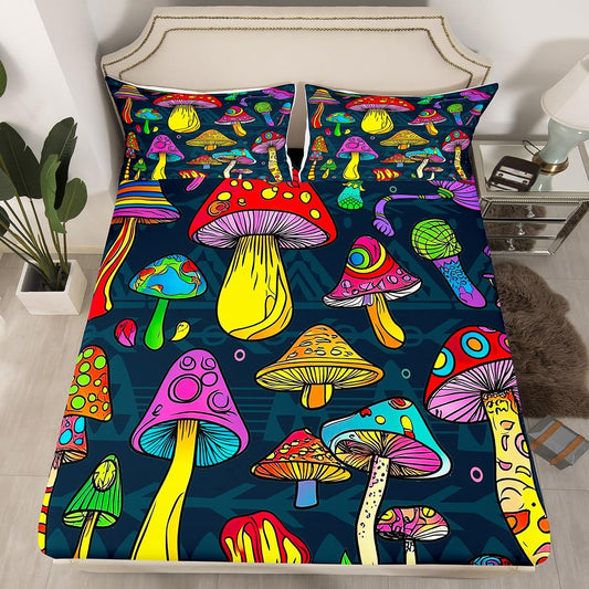 Feelyou Cute Mushrooms Fitted Sheet Botanical Bed Sheet Set Natural Wild Fungus Bedding Kids Queen Size Includes 1 Sheets & 2 Pillowcases (No Flat Sheet)