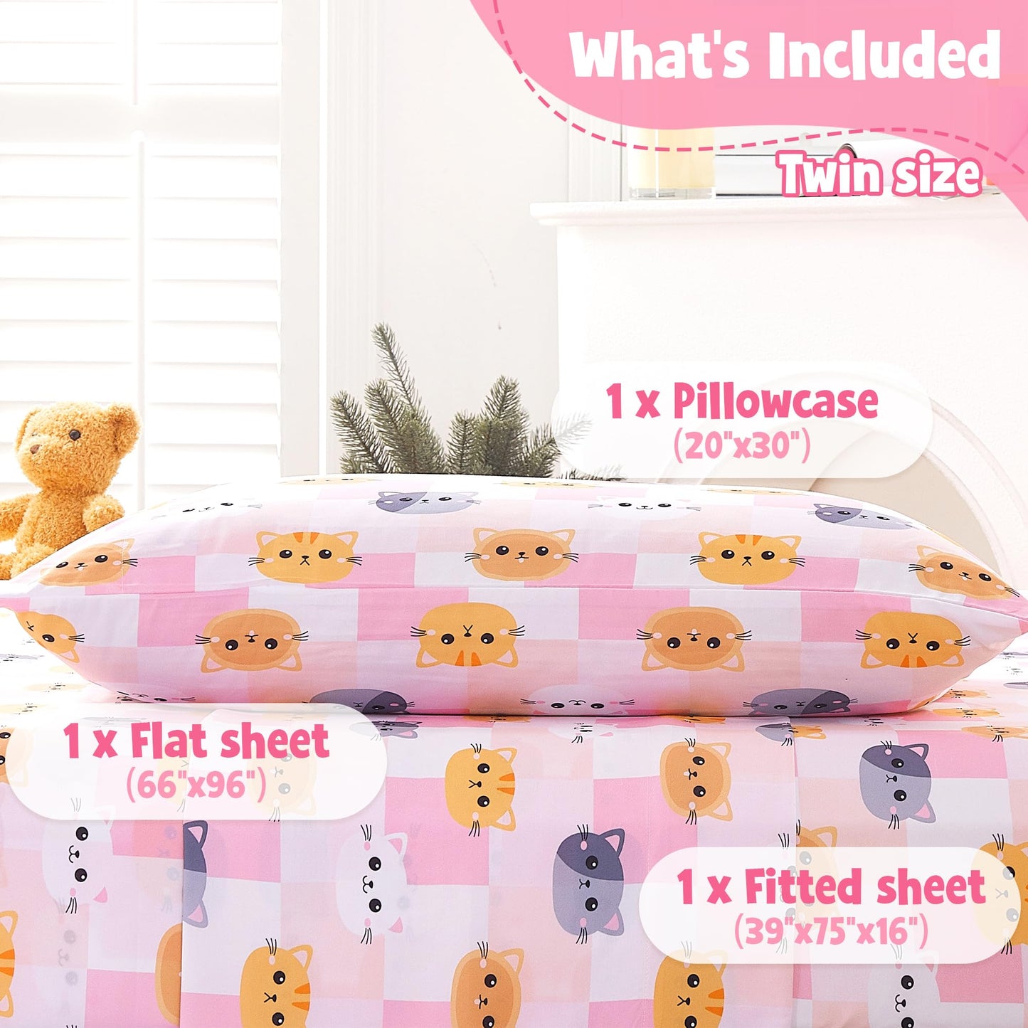 CozySmile Twin Sheet Set Kids,3 Pieces Breathable Soft Microfiber Bedsheets for Child Girls, Oeko-TEX, Anti Pilling Deep Pockets Easy Care Bed Sheets, Cat Plaid
