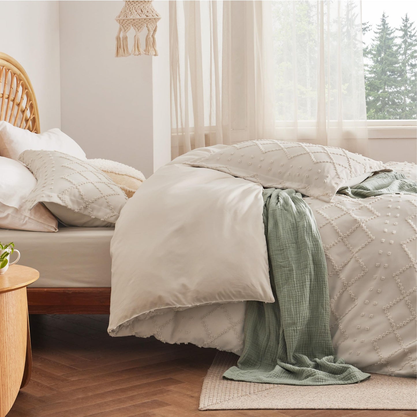 Bedsure Boho Duvet Cover Queen Size with Fitted Sheet - Boho Bedding Comforter Set, 4 Pieces, Includes 1 Duvet Cover 90"x90" with Zipper Closure, 2 Pillow Shams, 1 Fitted Sheet, Beige