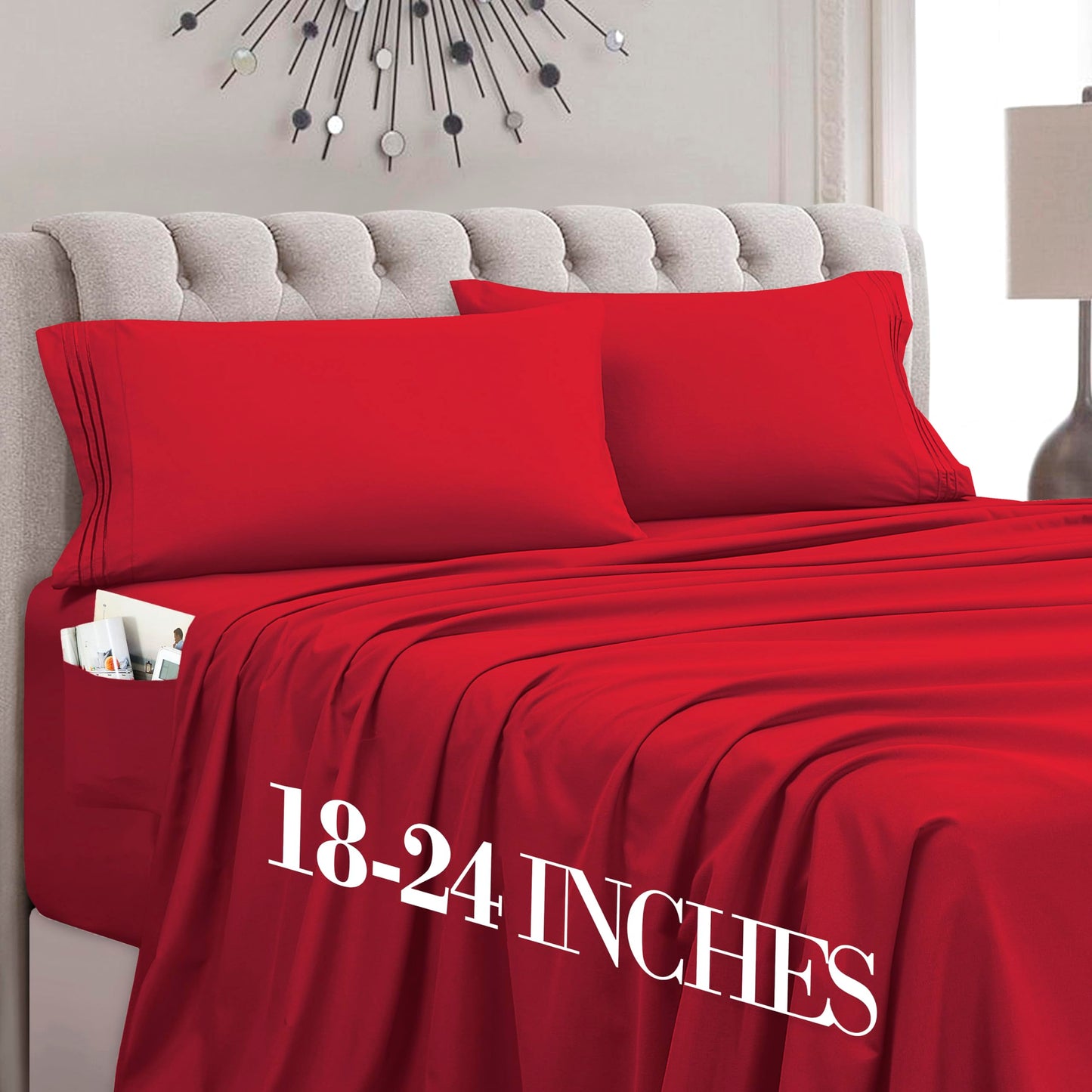 Mocassi Full Size 4-Piece Bed Sheet Set - 1800 Premium Hotel Quality Microfiber 18-24 Inches Extra Deep Pocket Fitted Sheet- Luxury Soft, Breathable, Wrinkle, and Fade Resistant, Red