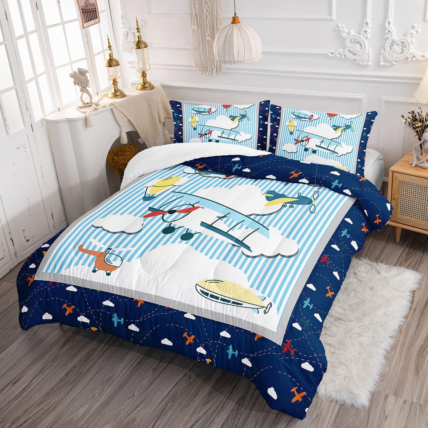 Smell Sunshine Kids Comforter Set Cartoon Airplane Printed Pattern Bedding Set with 1 Comforter and 2 Pillowcases for Girls Boys Bedroom All Season(Cartoon Airplane Full)