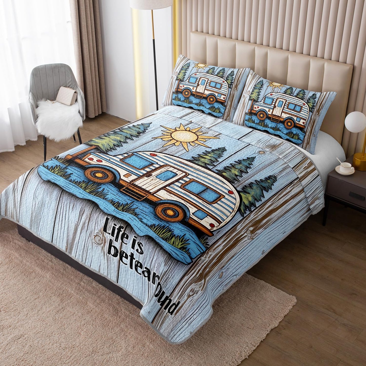 UEVBF Camping Travel Trailer Bedding Queen Quilts for Bed,Retro Bedding for Kids Boys Girls Happy Camper Decor,Outdoor Camping Themed Quilt Sets with 2 Pillowcases.