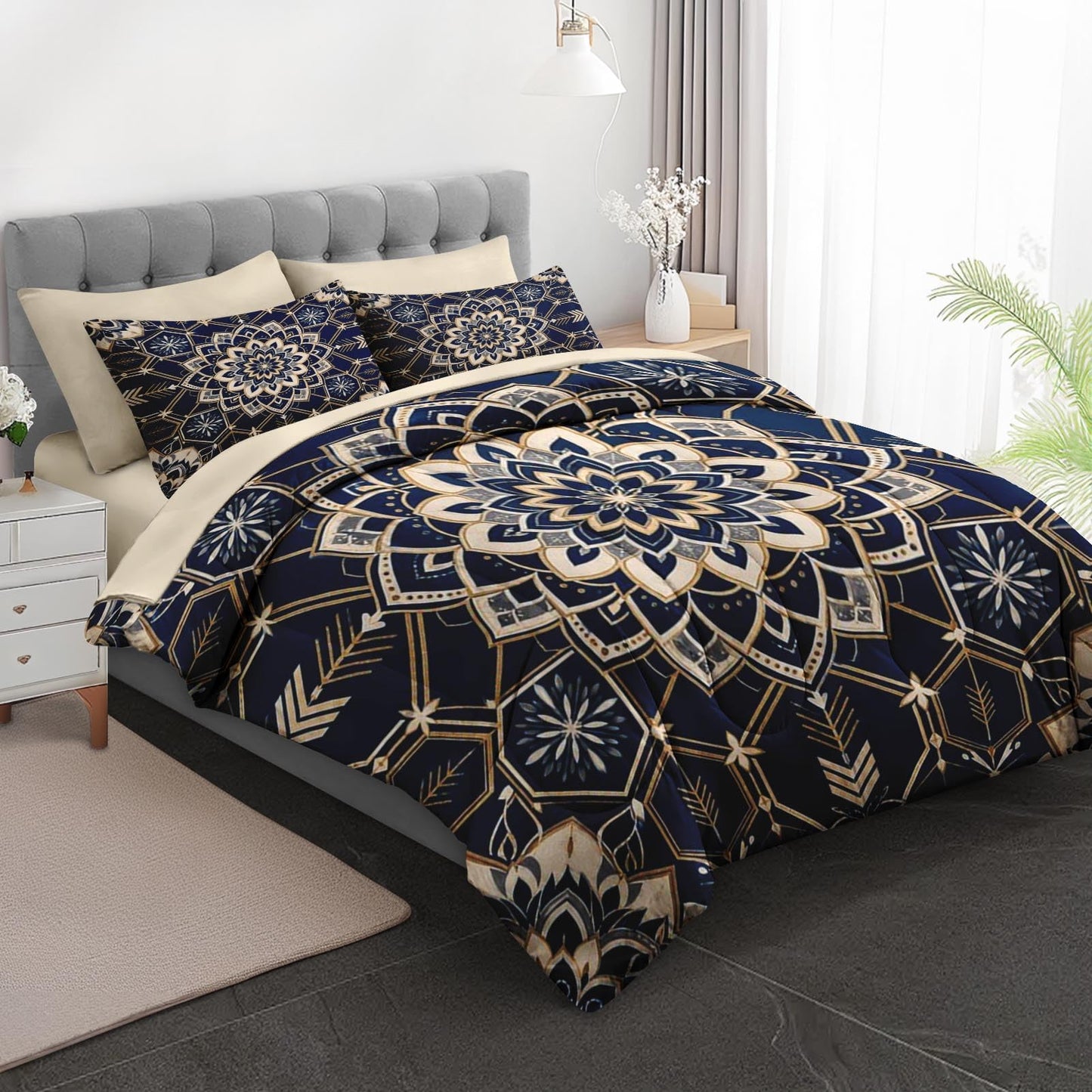 Boewywh Comforter Set Twin Size Mandala Boho Geometric 7 Pcs, Bedding for Kids and Adults, Southwestern Blue Bed Sheet Sets with Fitted Sheet 2 Pillowcases & 2 Shams for Bedroom Bed Decor
